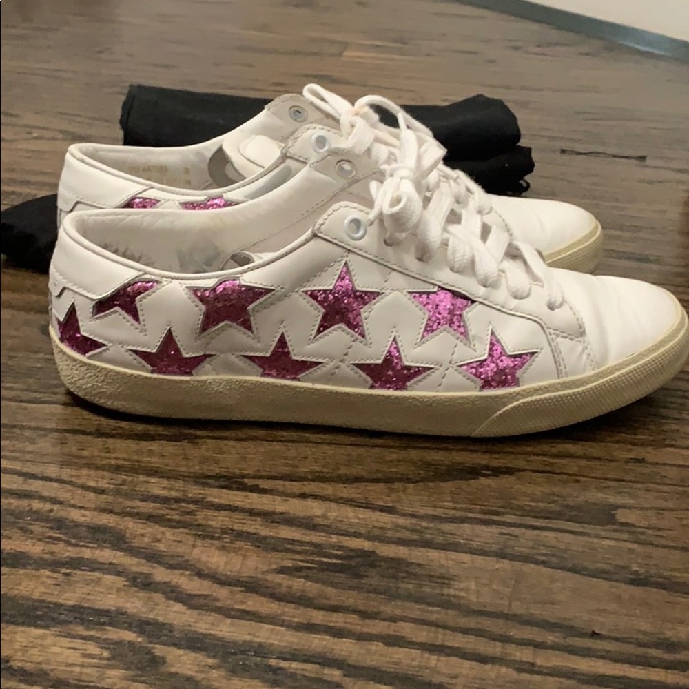 AUTH YSL WHITE PINK GLITTER SNEAKERS + LACES + BAG